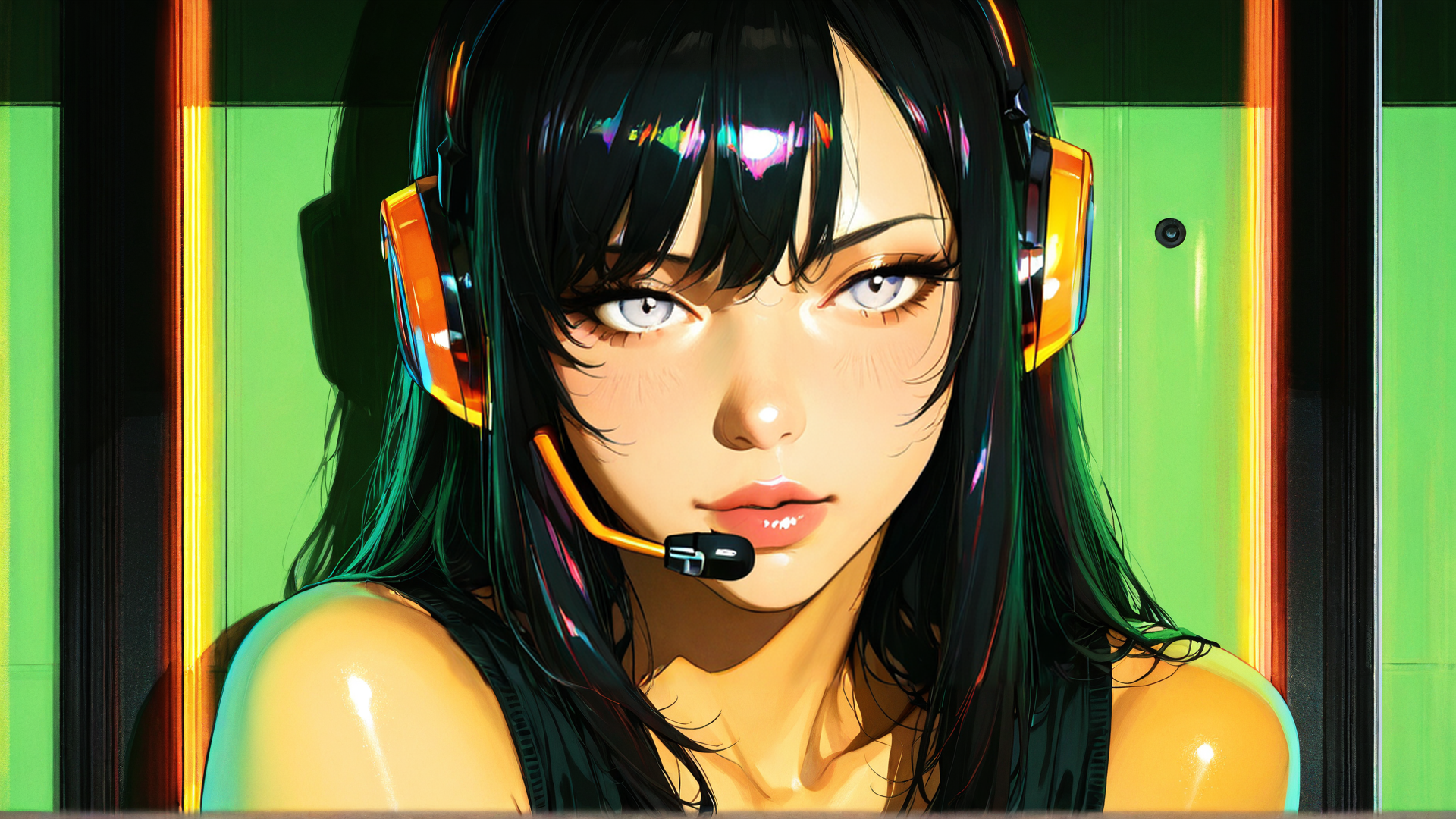 AI generated wallpaper featuring woman, headset, microphone, hair, shoulder, digital, anime, cyberpunk, gaming, avatar