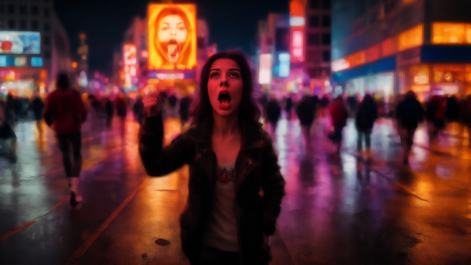 AI generated wallpaper featuring woman, city, street