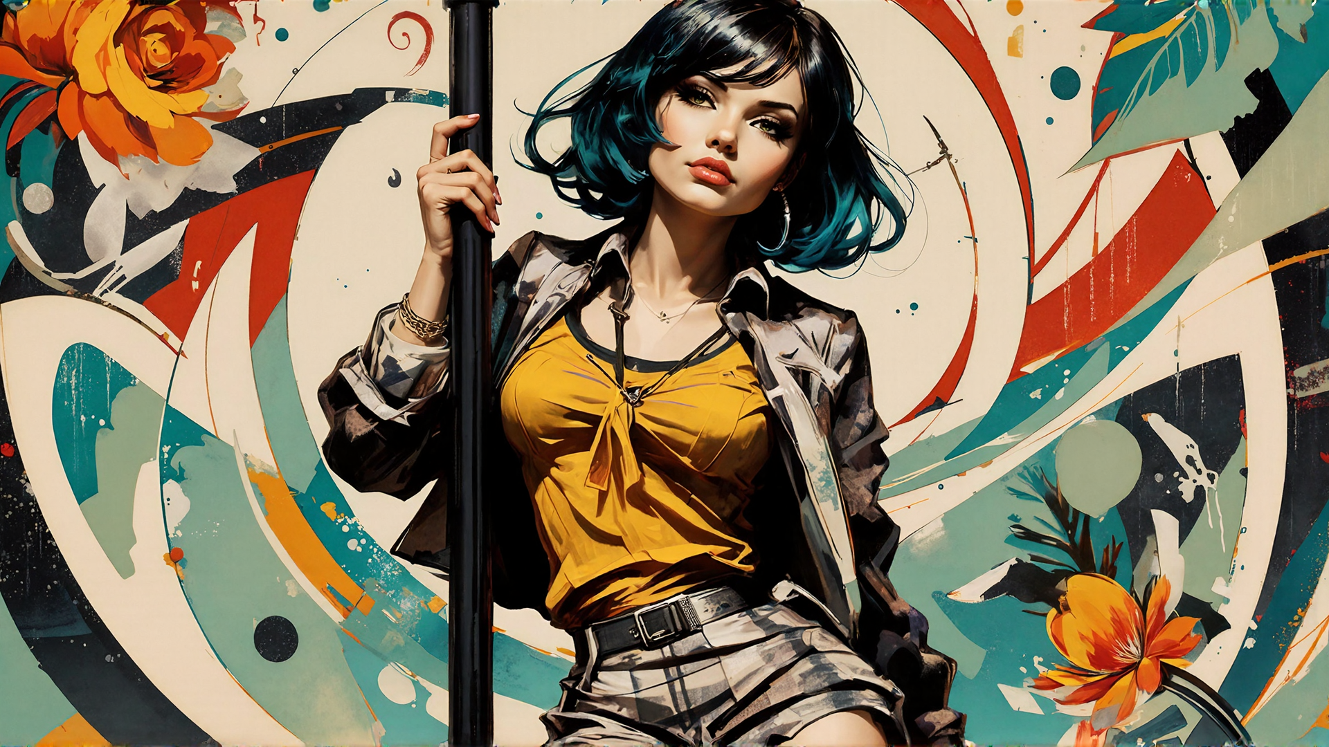 AI generated wallpaper featuring woman, flower, pole, jacket, shirt, skirt, earring, necklace, bracelet, hair