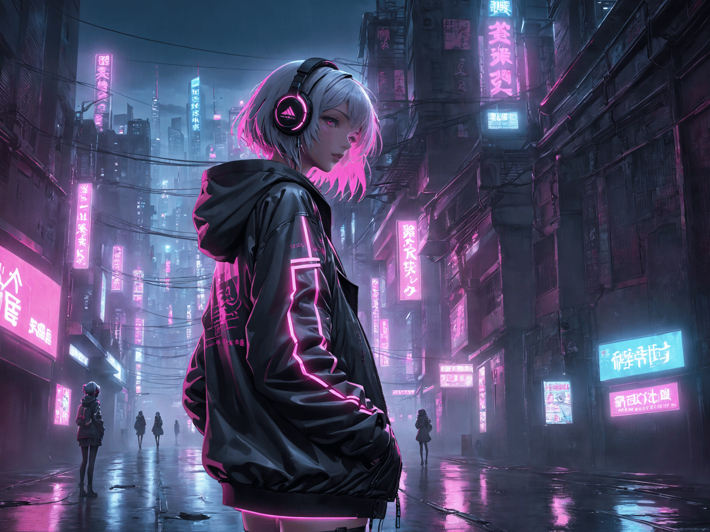 AI generated wallpaper featuring cyberpunk girl, neon city, street