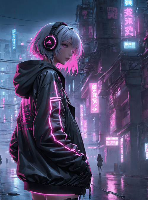cyberpunk girl, neon city, street