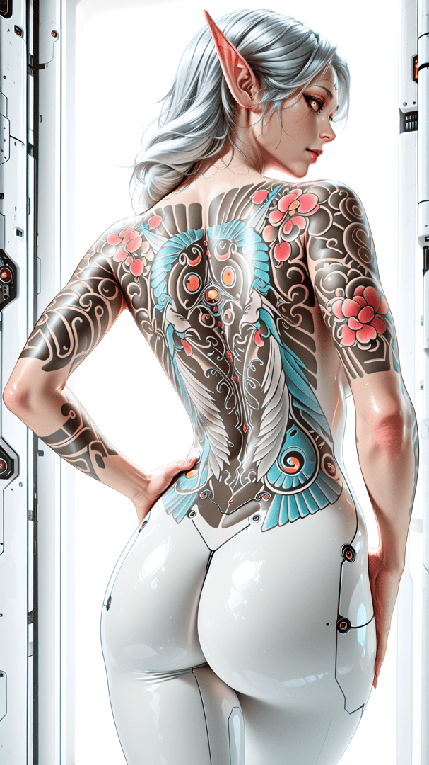 AI generated wallpaper featuring elf, tattoo, cyberpunk, futuristic, female