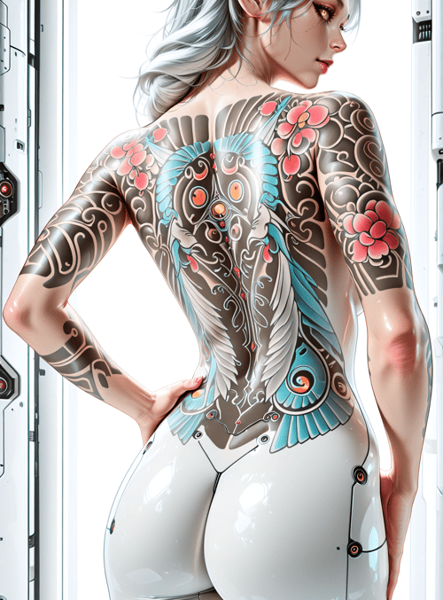elf, tattoo, cyberpunk, futuristic, female