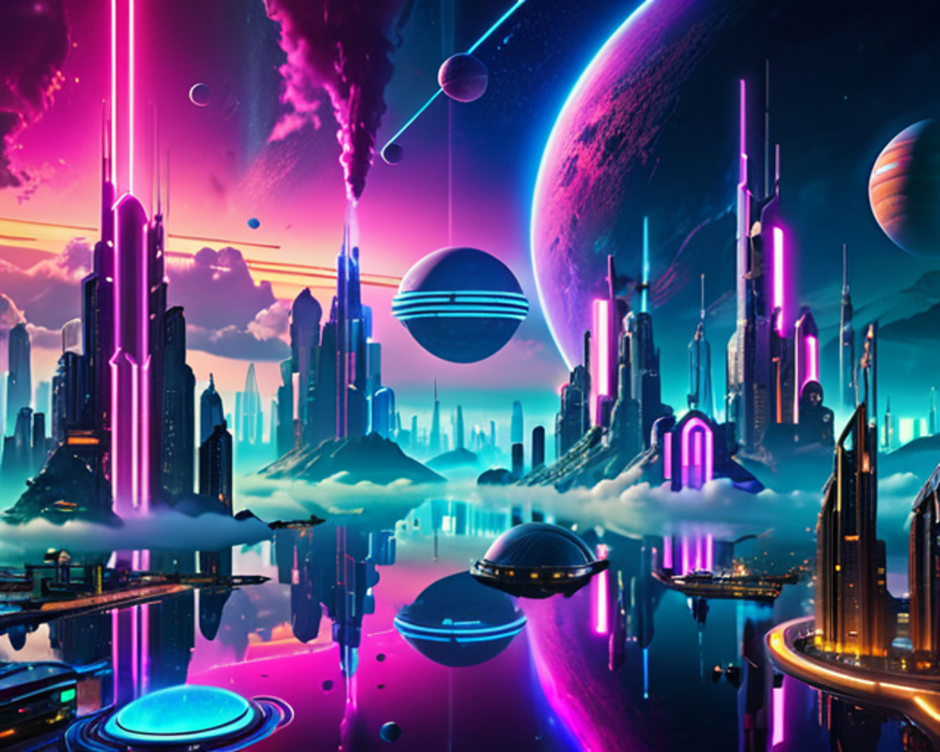 AI generated wallpaper featuring city, space, buildings