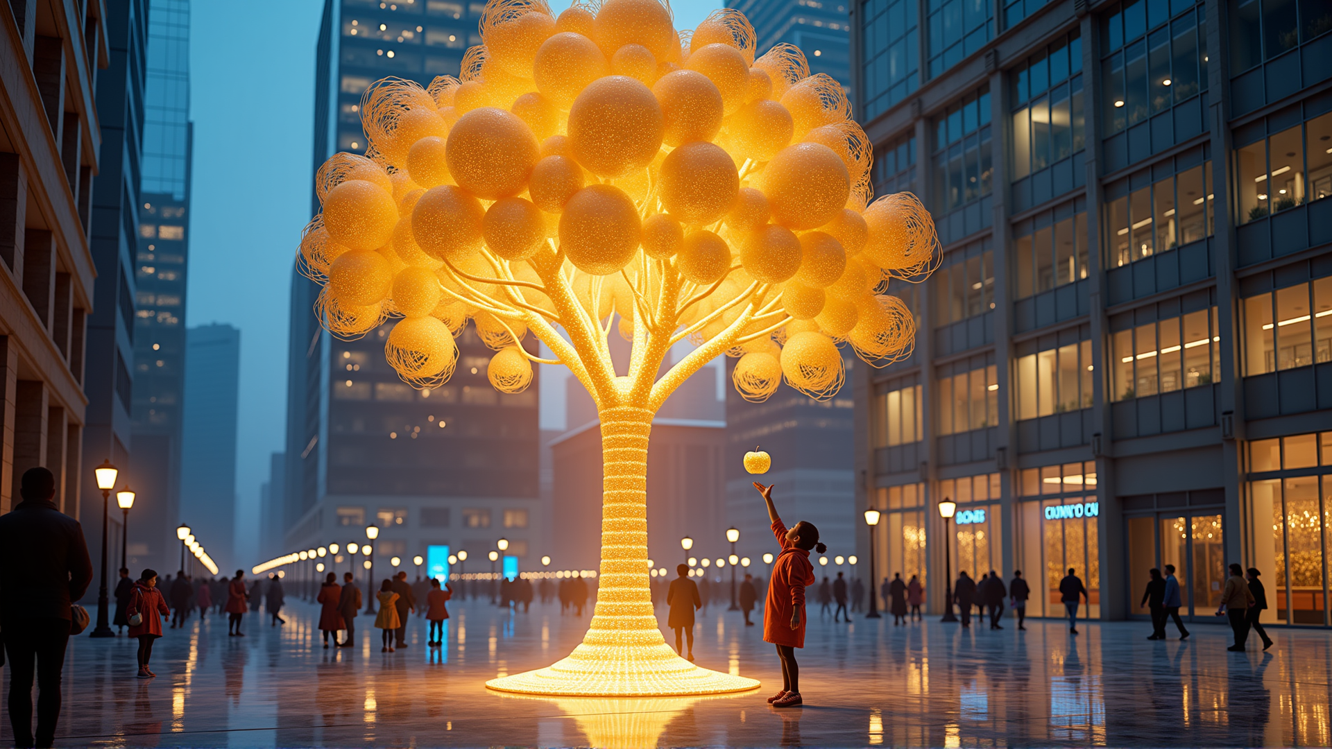 AI generated wallpaper featuring tree, girl, city, people, balloons, street