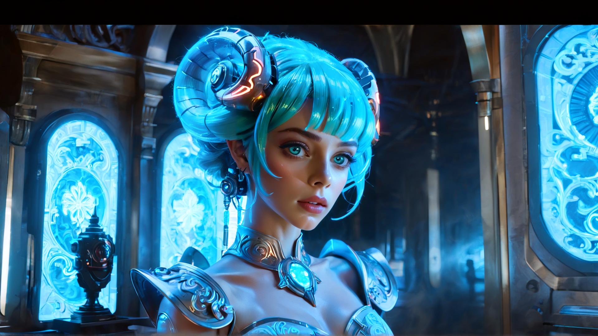AI generated wallpaper featuring woman, character, armor, ram horns, earrings, crown, necklace, gloves, glasses, choker