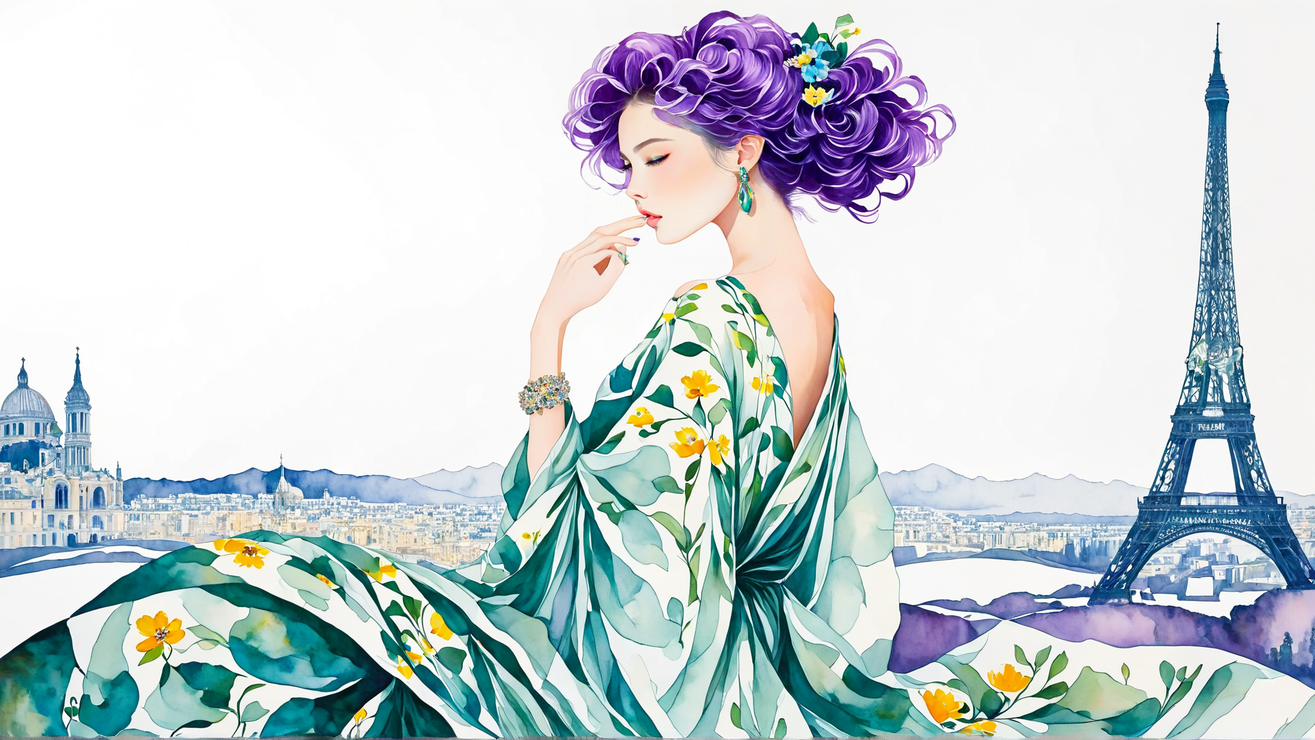 AI generated wallpaper featuring woman, Eiffel Tower, blossom, dress, floral, cityscape, purple hair, jewelry, watercolor, Paris