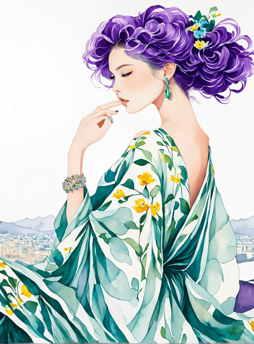 woman, Eiffel Tower, blossom, dress, floral, cityscape, purple hair, jewelry, watercolor, Paris