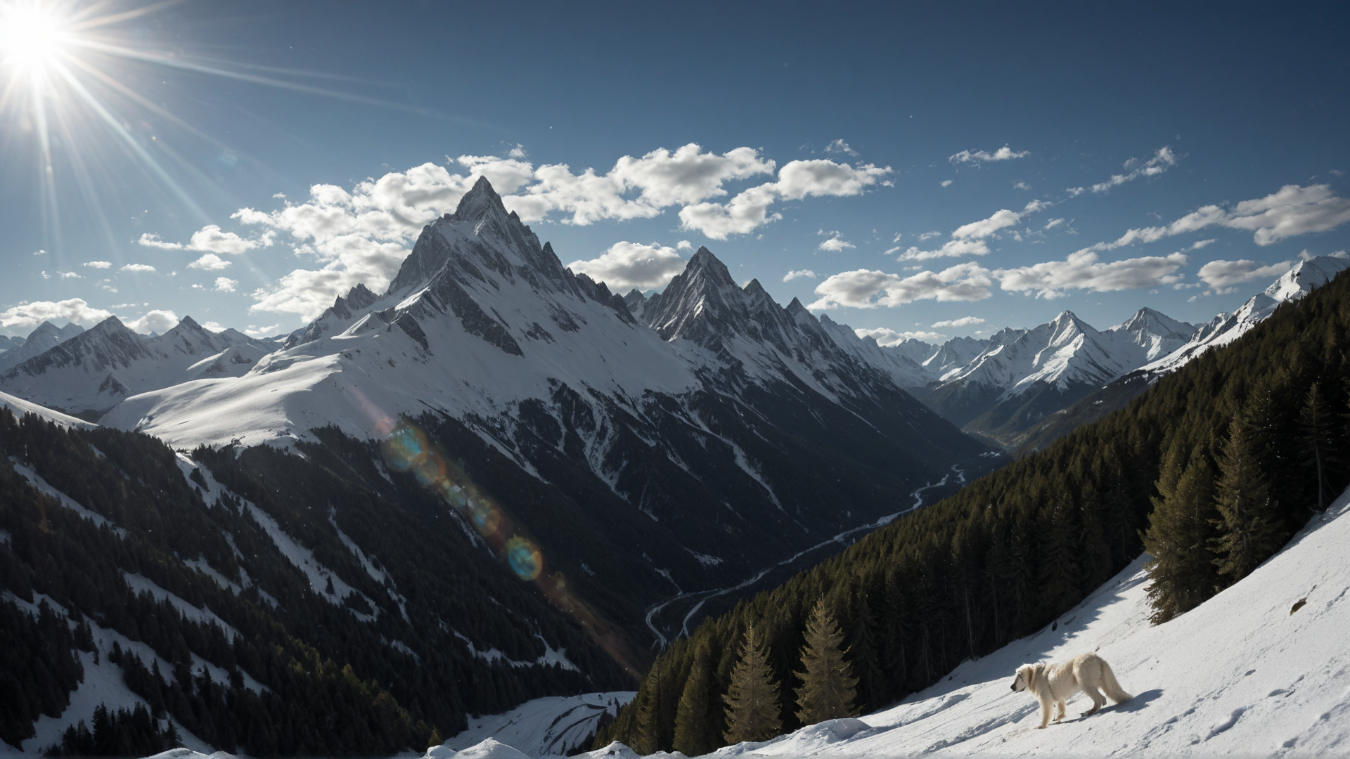 AI generated wallpaper featuring mountain, snow, forest, dog, sun, sky, cloud, valley, river, peak