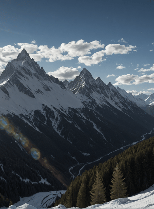 mountain, snow, forest, dog, sun, sky, cloud, valley, river, peak