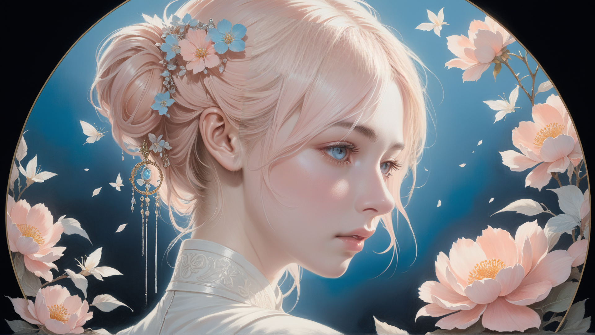 AI generated wallpaper featuring woman, flowers, butterflies
