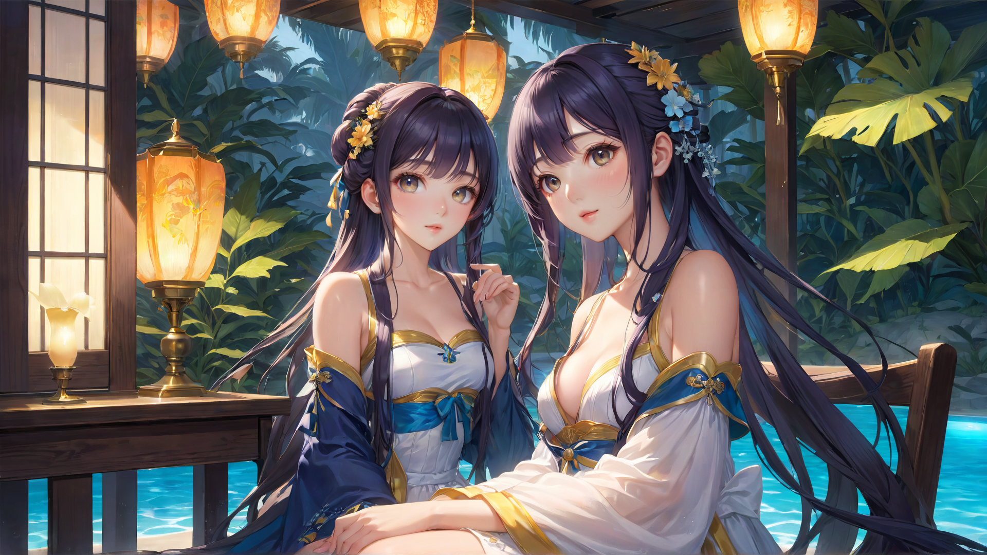 AI generated wallpaper featuring girls, women, ladies, anime, characters, dolls, figures, models, beauty, sisters