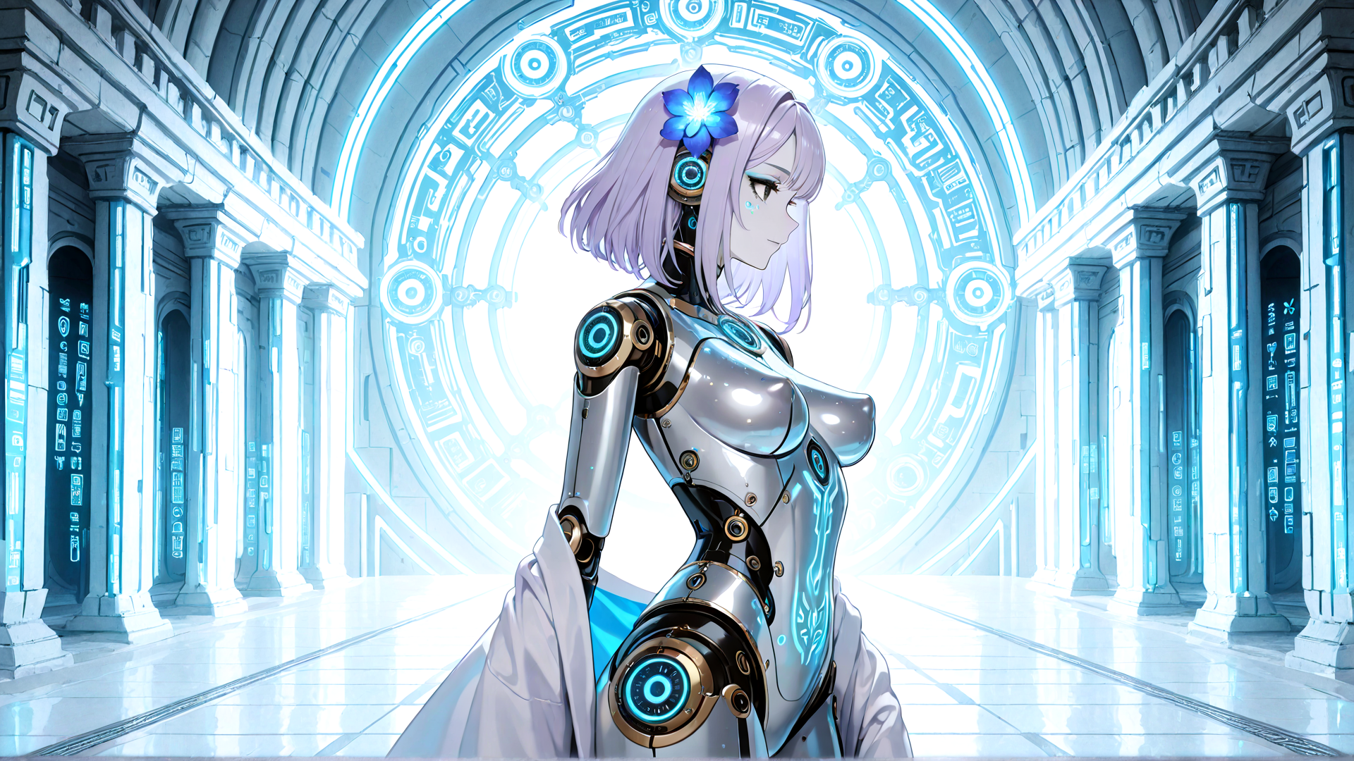 AI generated wallpaper featuring robot, anime character, cyberpunk, girl, mechanical, flower