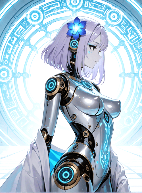 robot, anime character, cyberpunk, girl, mechanical, flower