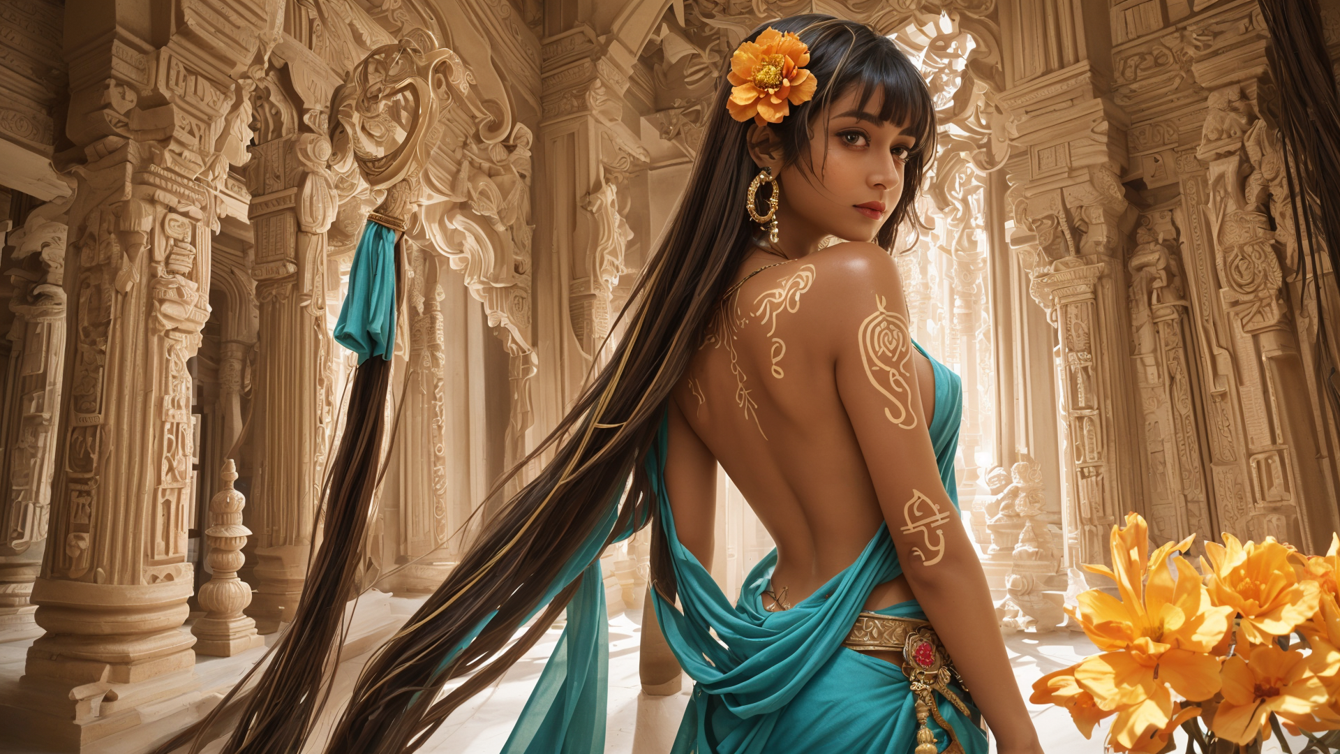 AI generated wallpaper featuring woman, goddess, flower, temple, sari, art, sculpture