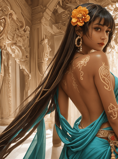 woman, goddess, flower, temple, sari, art, sculpture