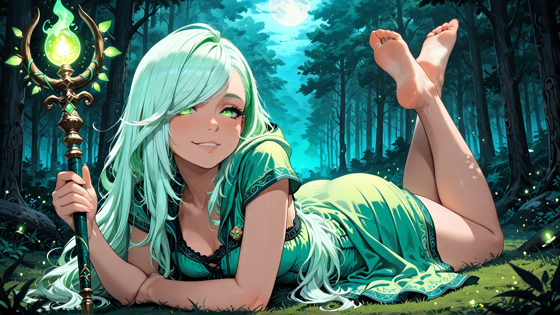 AI generated wallpaper featuring elf, fairy, girl, wizard, forest