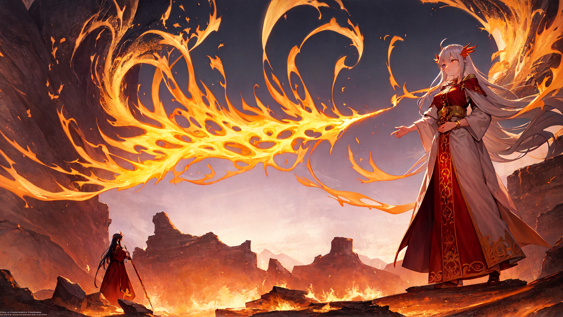 AI generated wallpaper featuring mage, fire, figure