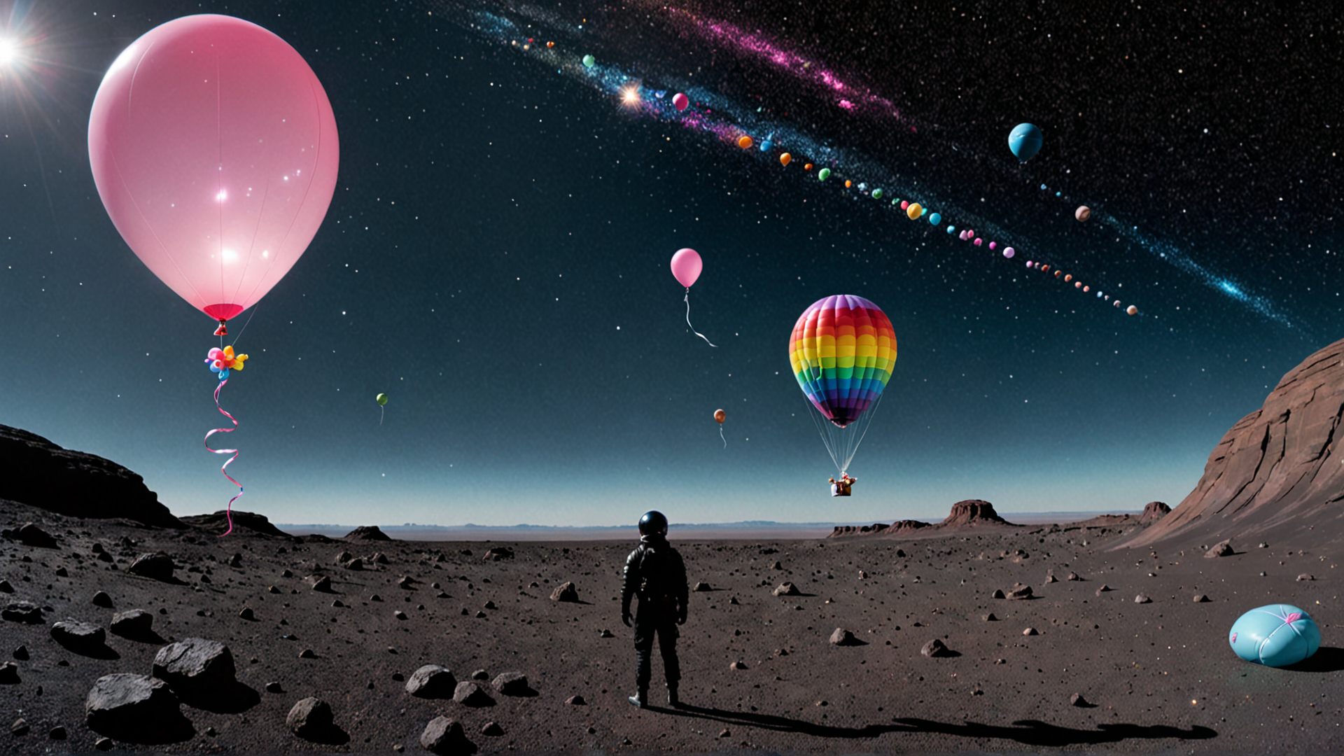 AI generated wallpaper featuring astronaut, balloons, hot air balloon