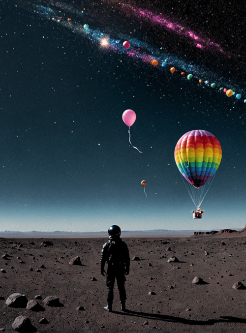 astronaut, balloons, hot air balloon