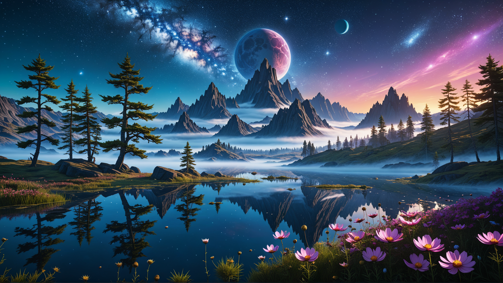 AI generated wallpaper featuring mountains, lake, flowers