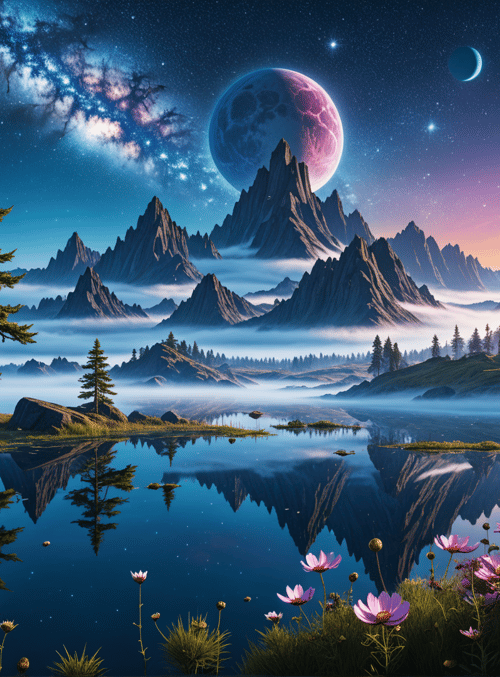 mountains, lake, flowers