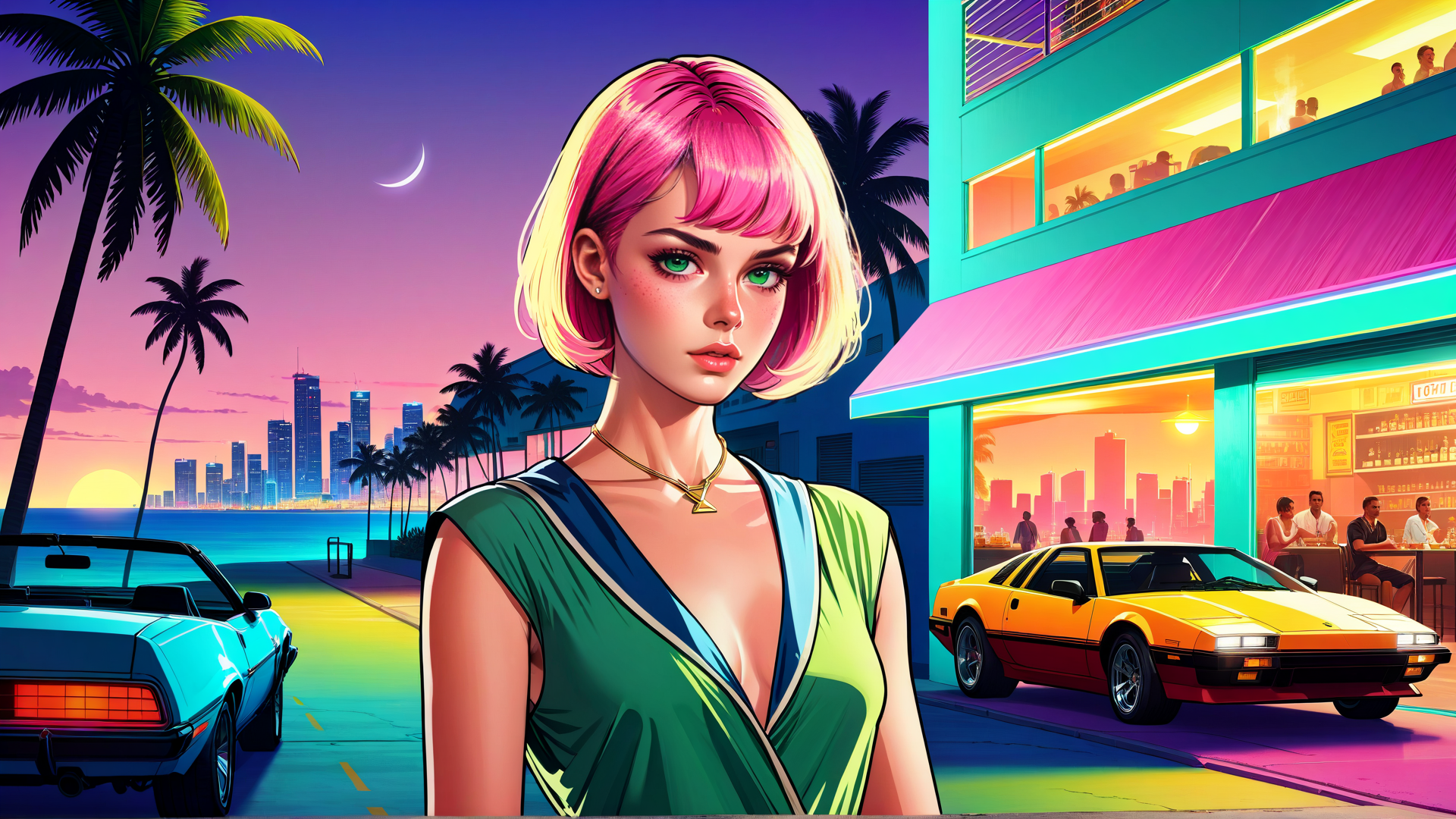 AI generated wallpaper featuring woman, palm tree, car