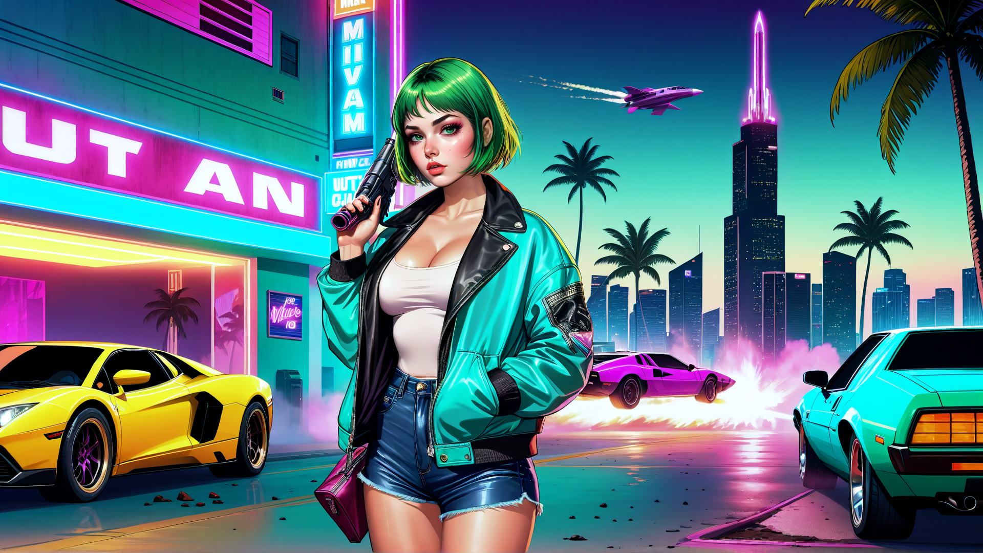 AI generated wallpaper featuring woman, car, city