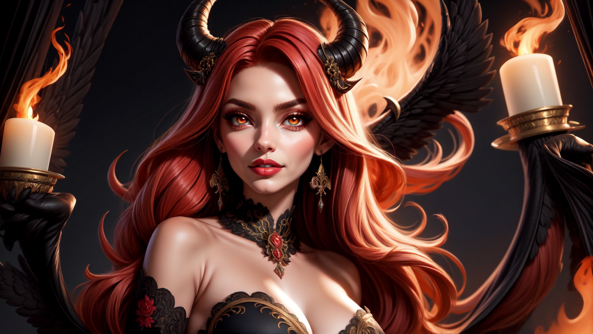 AI generated wallpaper featuring demon, woman, candle, wings, horn, gloves, necklace, ears, hair, crown