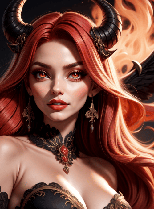 demon, woman, candle, wings, horn, gloves, necklace, ears, hair, crown