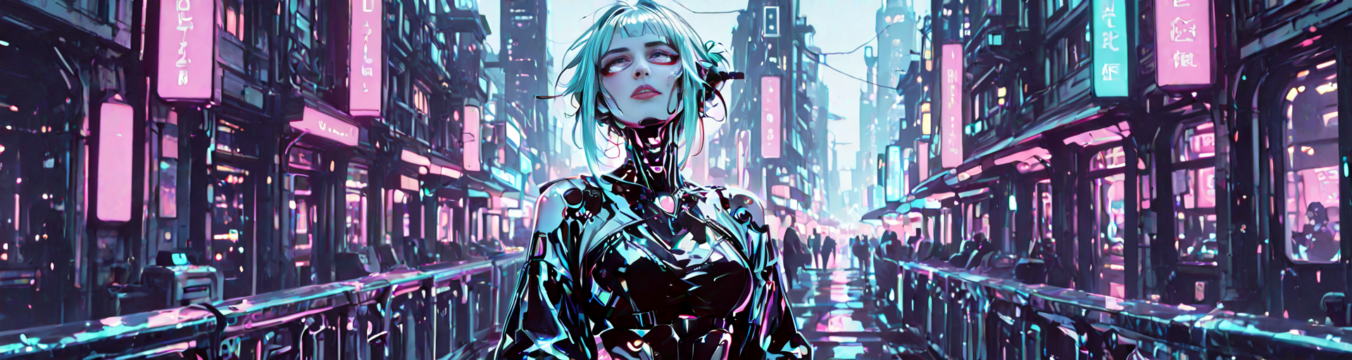 AI generated wallpaper featuring cyborg, woman, neon