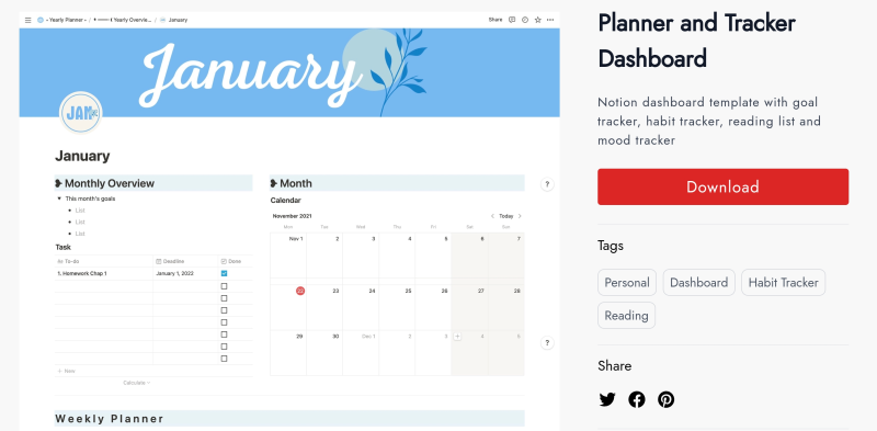 Planner and tracker dashboard 