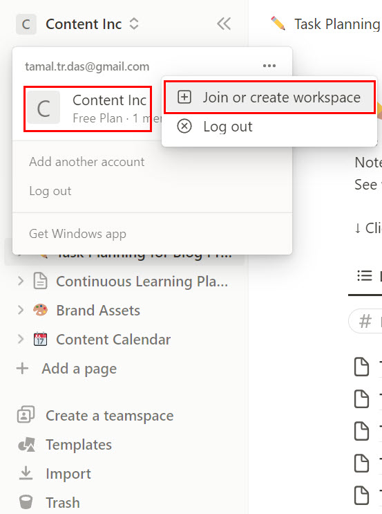 Workspaces on Notion