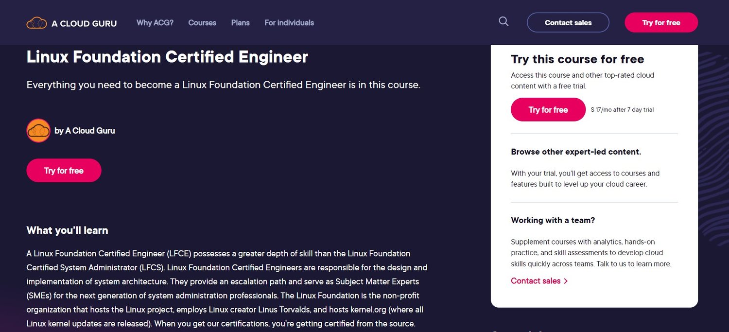 A screen shot of a landing page for a linux foundation certified engineer.