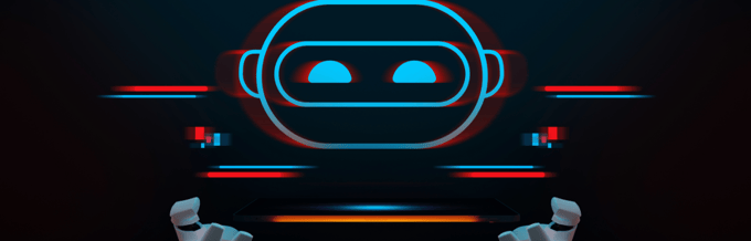An image of a robot holding a tablet on a dark background.