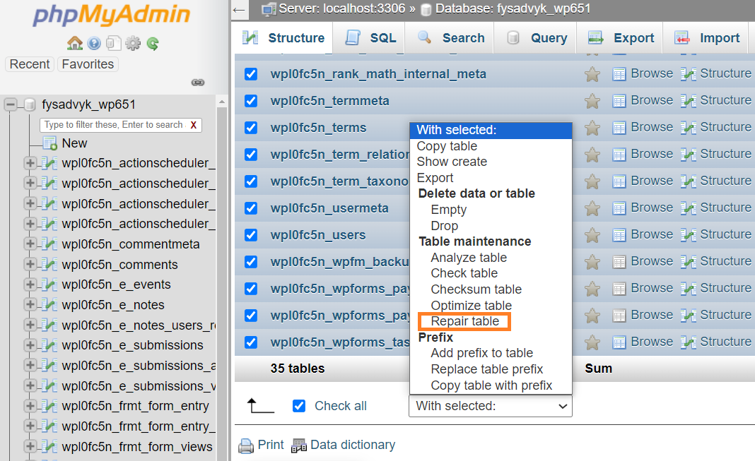 Repair Database Tables