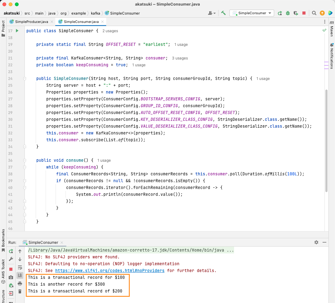 Screen capture of Java IDE showing the code and output of Kafka Consumer