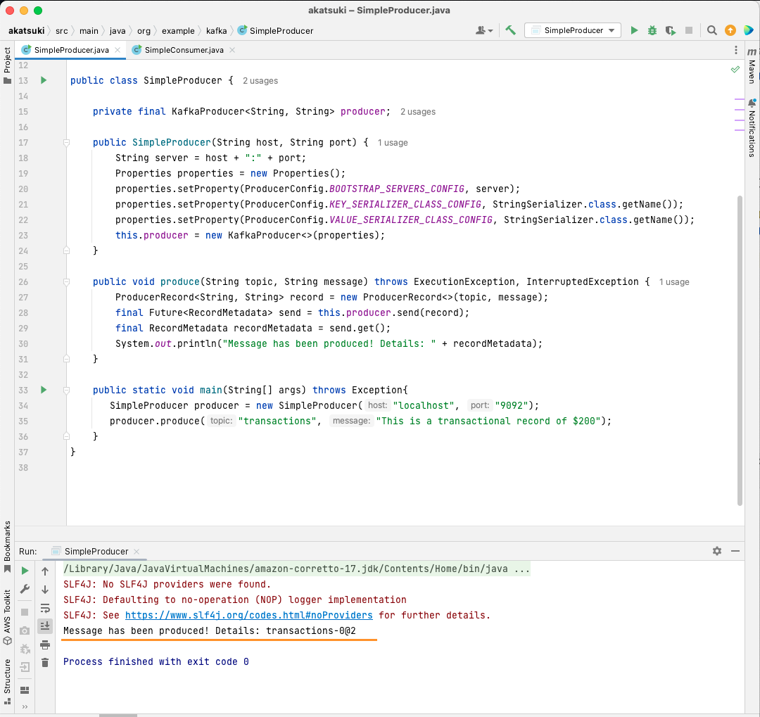 Screen capture of Java IDE showing the code and output of Kafka Producer