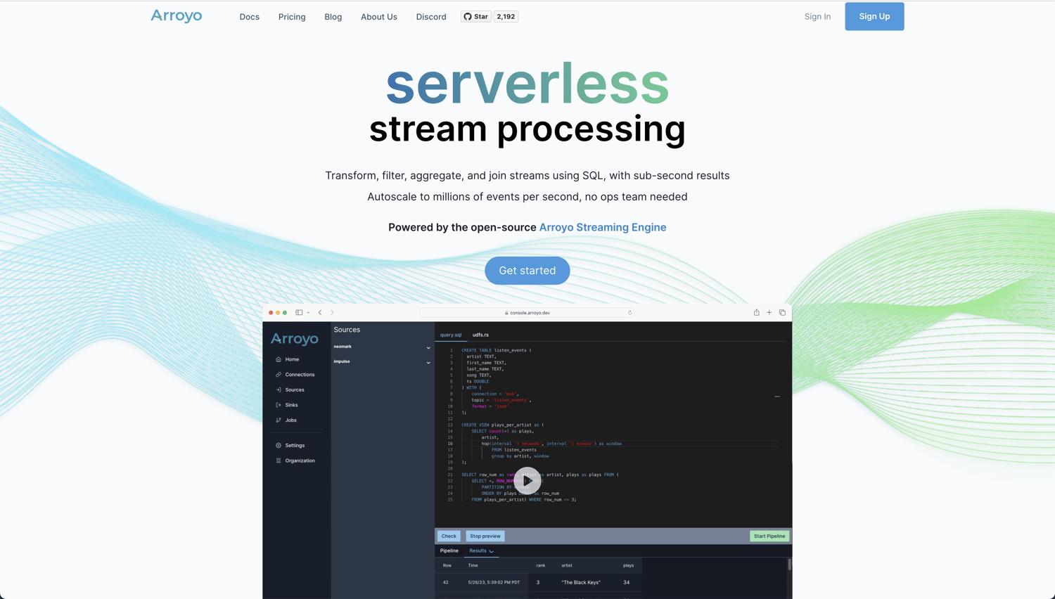 Arroyo serverless stream processing homepage