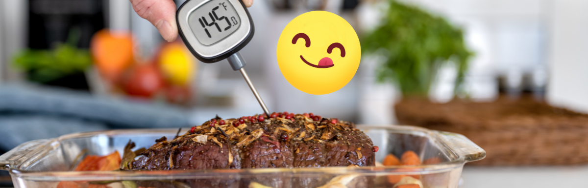 A person is using a cooking thermometer in a glass dish.