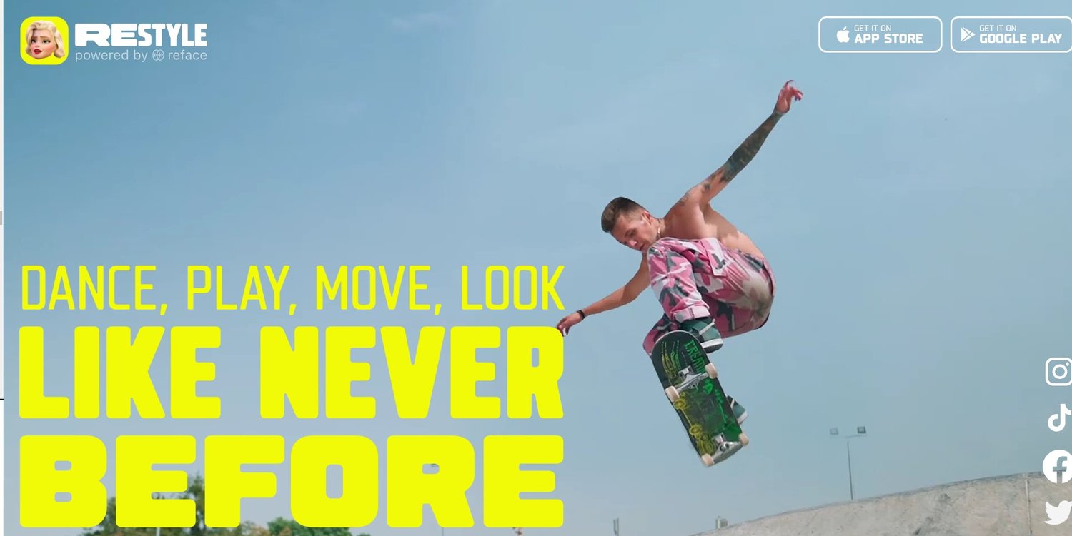 A AI avatar generator creates a skateboarder on a skateboard with the text 'dance like never before'.