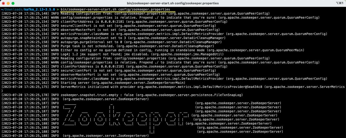 terminal window showing zookeeper startup