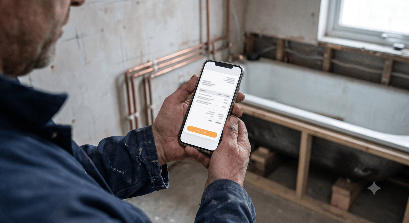Plumber creating an invoice on his phone during a bathroom job