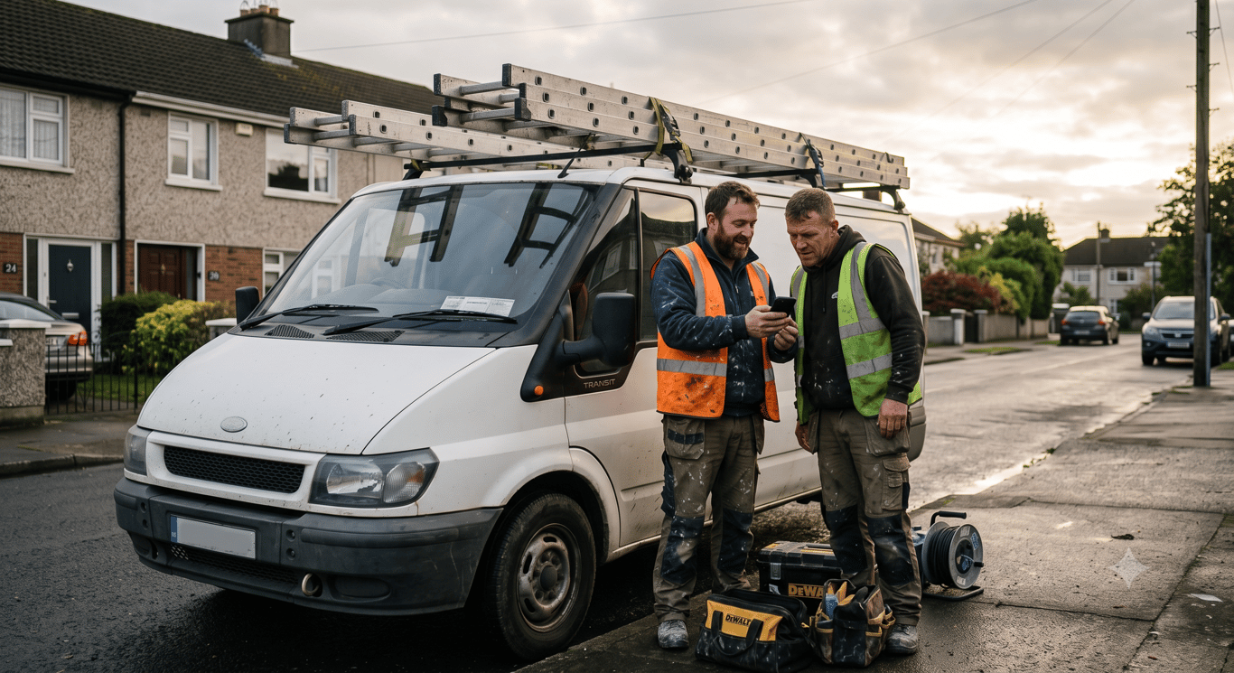Two tradesmen comparing notes on a phone beside their van at the end of the day