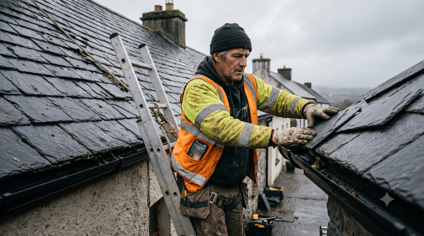 Roofer up a ladder while his phone rings in his pocket