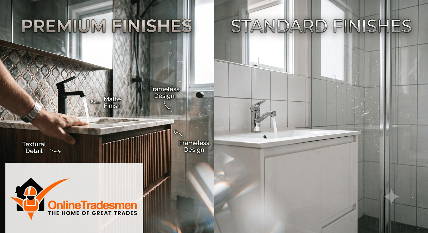 Close-up comparison of bathroom finishes including tiles, vanity units, taps, and shower glass