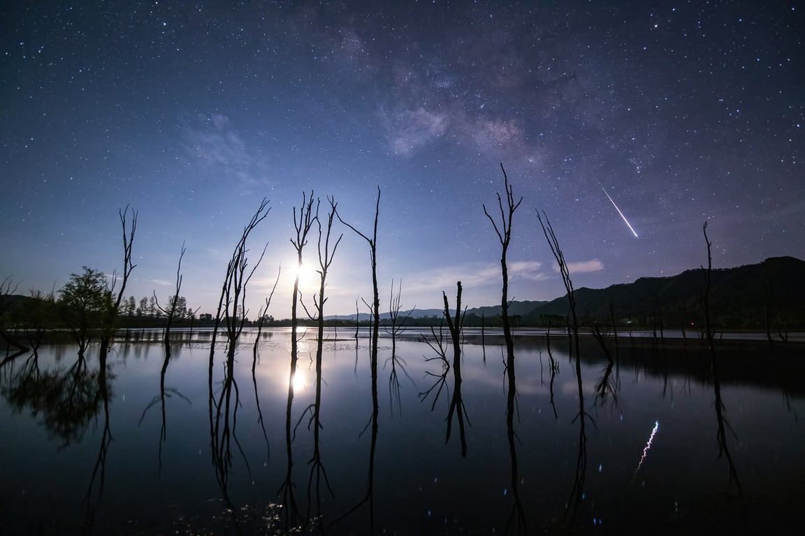 中国・雲南省ニャン湖上空を流れること座流星群の流星