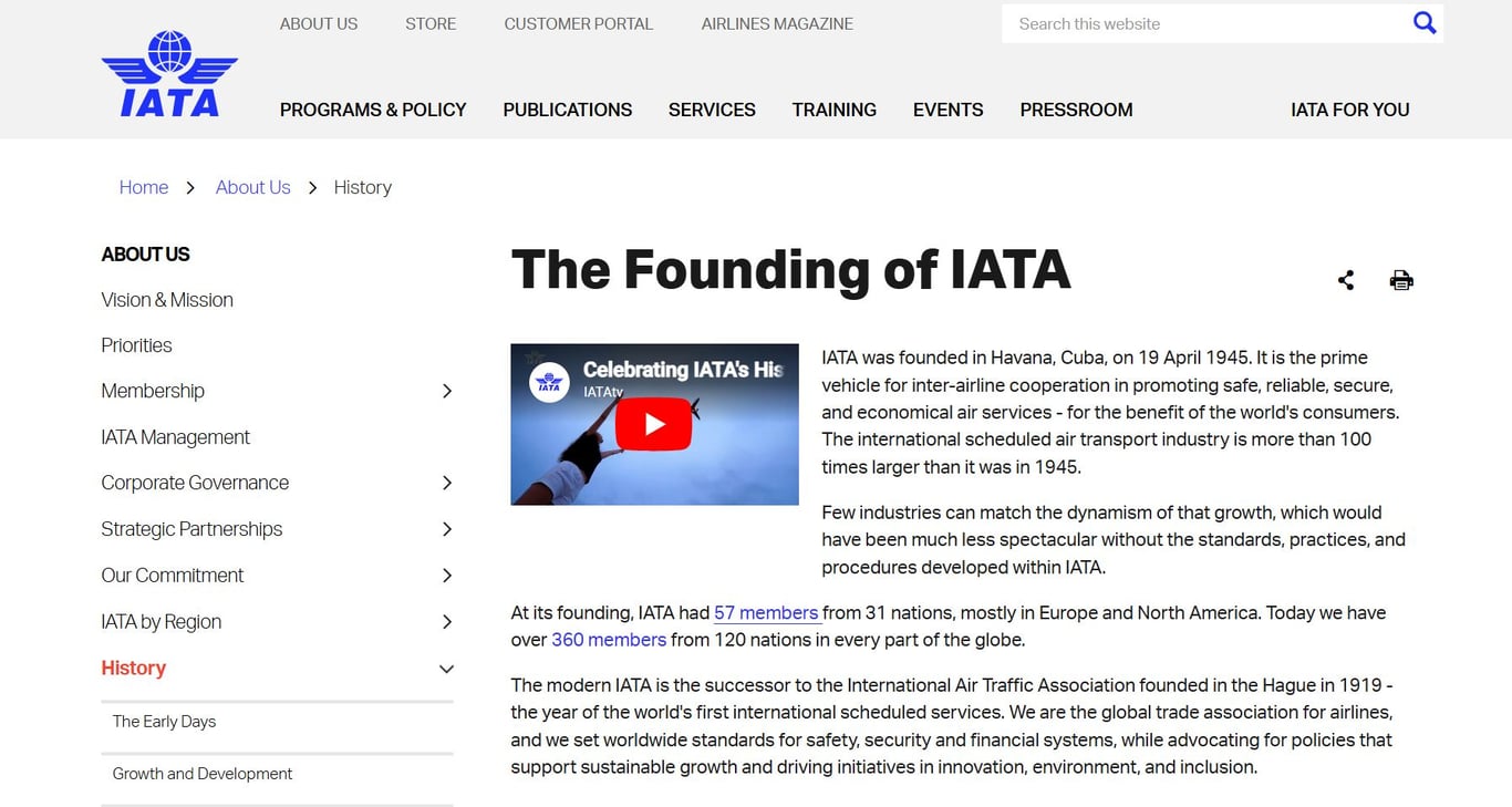 IATAの公式サイトの沿革ページ