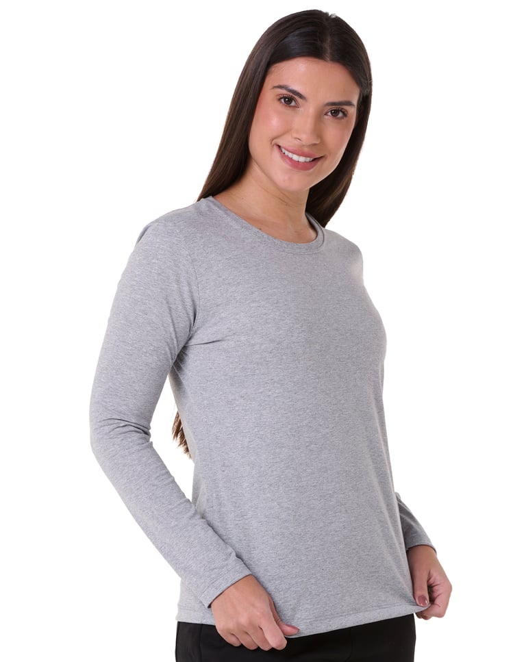 Camiseta Feminina Manga Longa de Algodão Premium Cinza Mescla