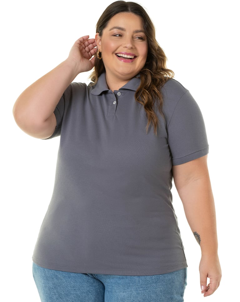 Camisa Polo Piquet Plus Size Feminina Cinza Chumbo